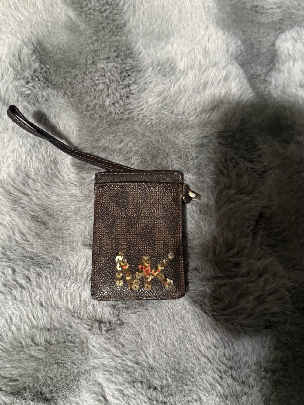 Michael Kors Brown Monogram Wristlet Card Holder with Sequin MK Accent